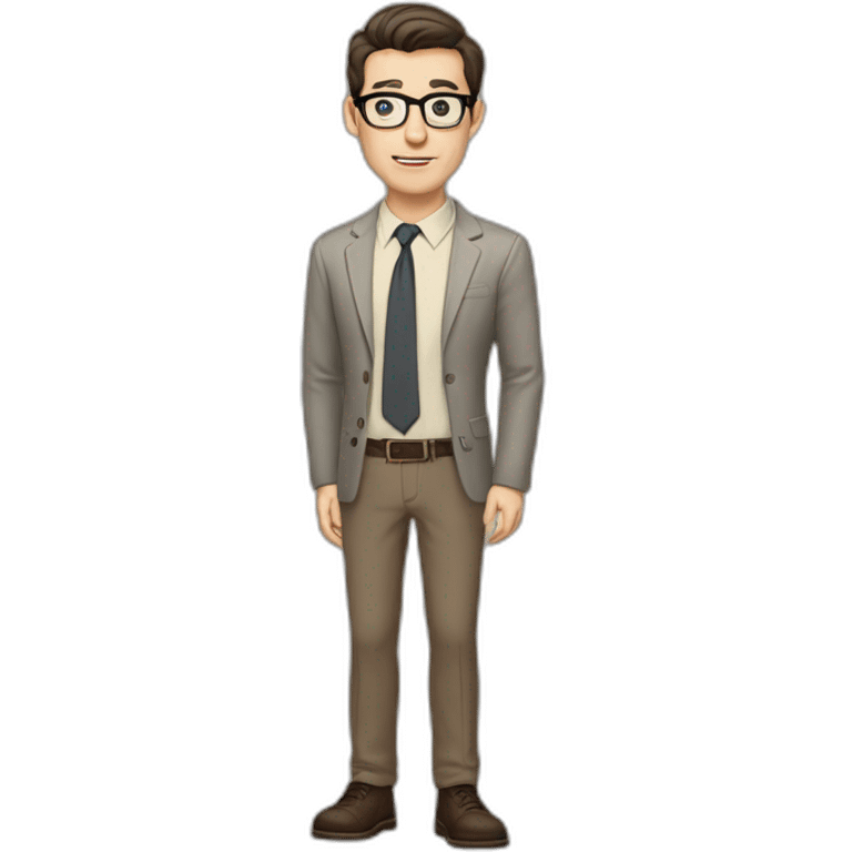 Full height Pale skinned Fit Man With dark brown hair in gray jacket, beige office shirt, tie, Brown pants and vintage glasses. Thrumbs of his palms directed up emoji