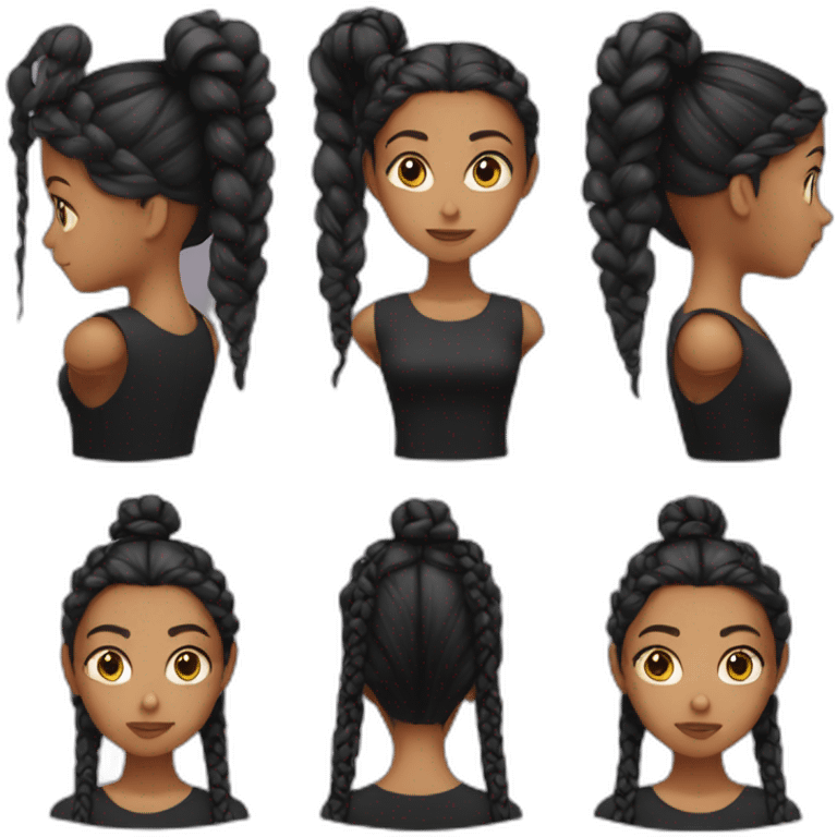 Girl with unhappy face and two black braids wearing black dress emoji