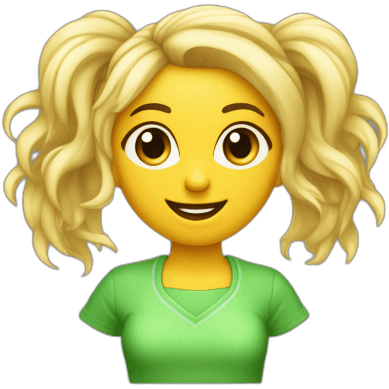 Chica cara redonda rubia pelo rizado largo y flequillo con ropa verde lima muy sonriente delante ordenador emoji