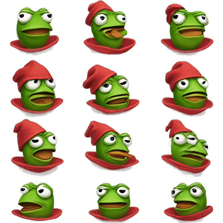 PEPE 2-D doing various things. Wearing red hat, crying, smiling, angry, excited, h holding saber, relaxing, sleeping emoji