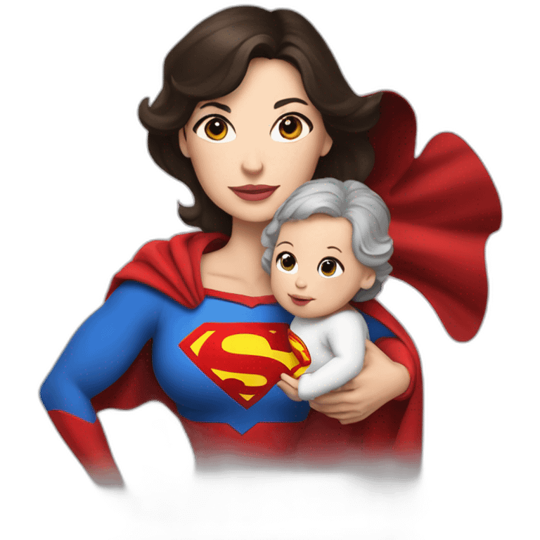 mother white skin brunette dressed as Superman with a cape holding a baby emoji