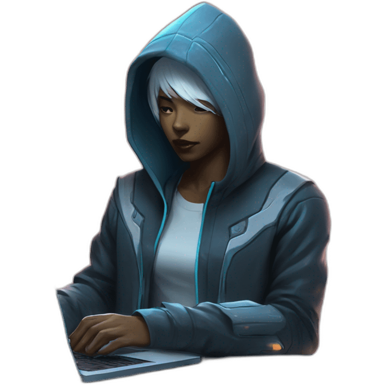 netrunner from cyberpunk with laptop in back hoodie and white skin emoji