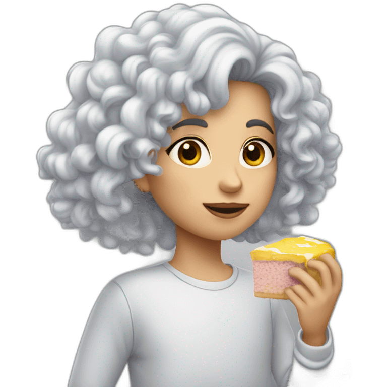 joven piel blanca pelo gris comiendo pastel emoji