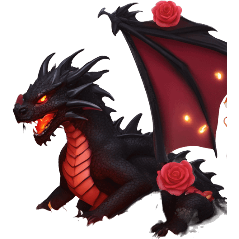 Black dragon breathing red flames, covered in thorned roses, surrounded by lanterns candles and fairy lights emoji