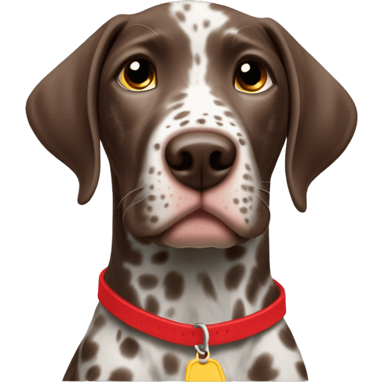 Brown spotted German short haired pointer puppy with ticking with red collar  emoji