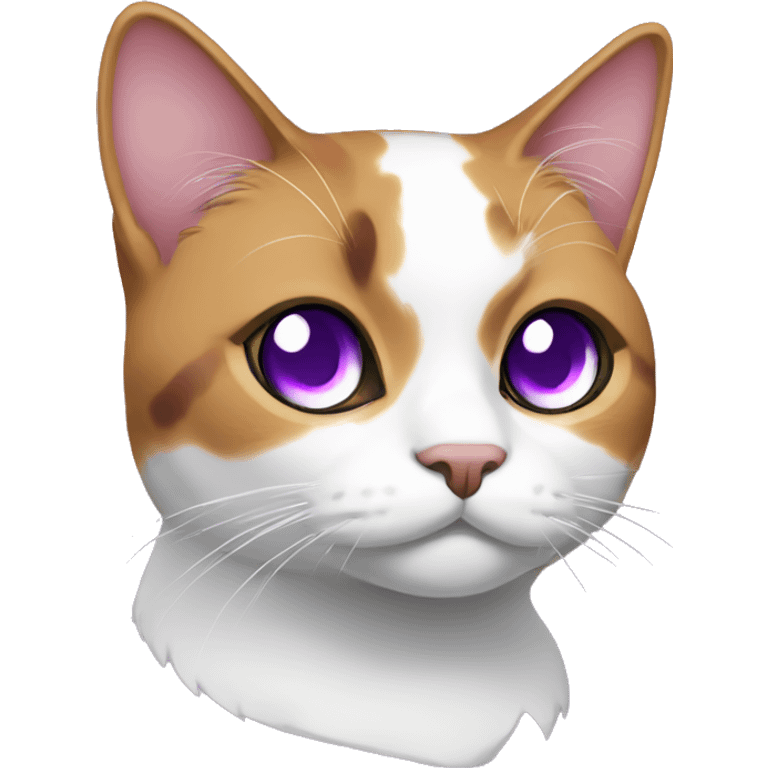 A calico cat with purple eyes and a white pupil emoji