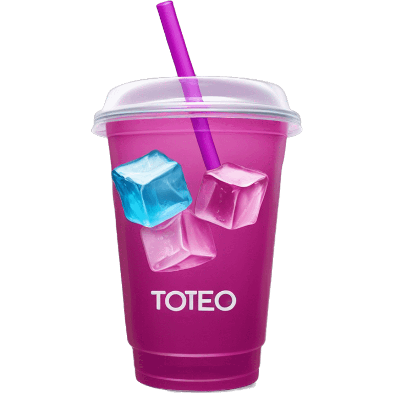 Realistic plastic cup and lid with Transluscent magenta soda and large ice cubes inside and one straw through the top of the lid. It has an inscription in the front that says "TÓXICO" emoji