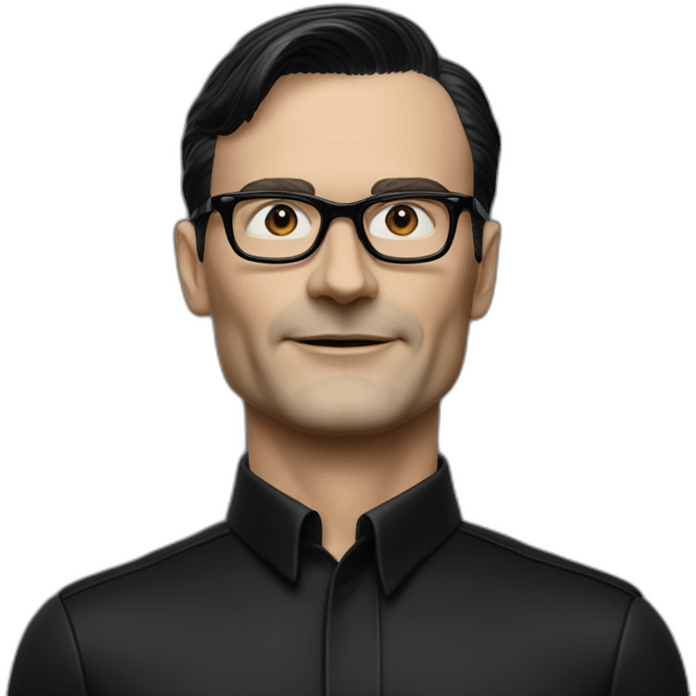 small photo realistic waving Ralf Hutter from Kraftwerk, short straight black hair, Dark Brown eyes, black glasses, thin, black shirt, side view emoji