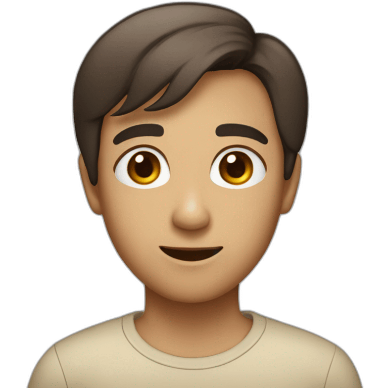 A person with short hair, big brown eyes, a small nose, and a slightly large mouth emoji