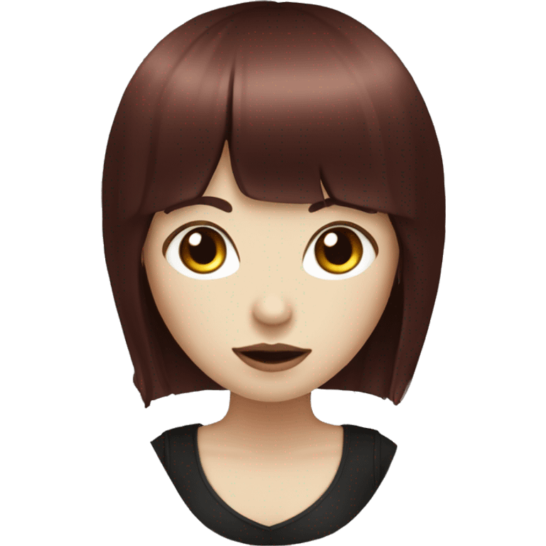 girl that has white skin and Long Dark red hair and fringe bangs and is wearing black emoji