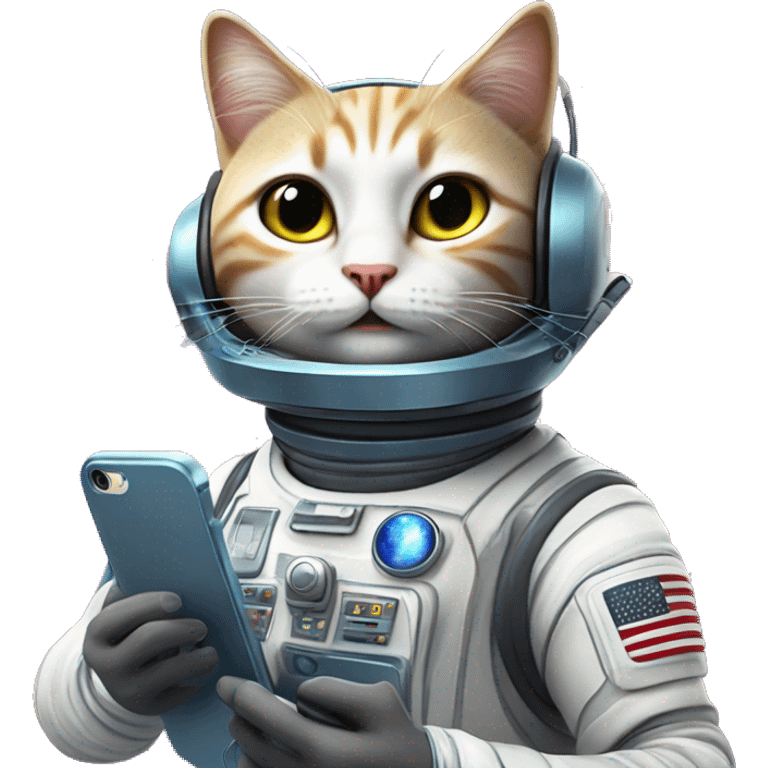 a space cat making a call with a cellphone, it wears space laser powered helmet and fancy space accessories  emoji