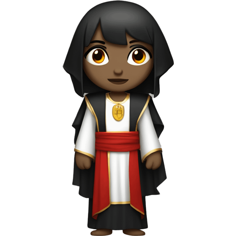 emo girl with black hair, red eyes, dressed as a priest with flowing robes, wearing a pharaoh headdress in black and red emoji