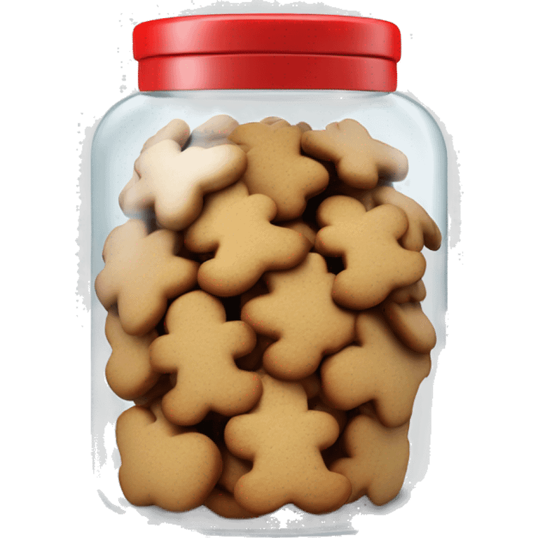 Realistic glass cookie jar with red lid full of gingerbread cookies isolated. emoji