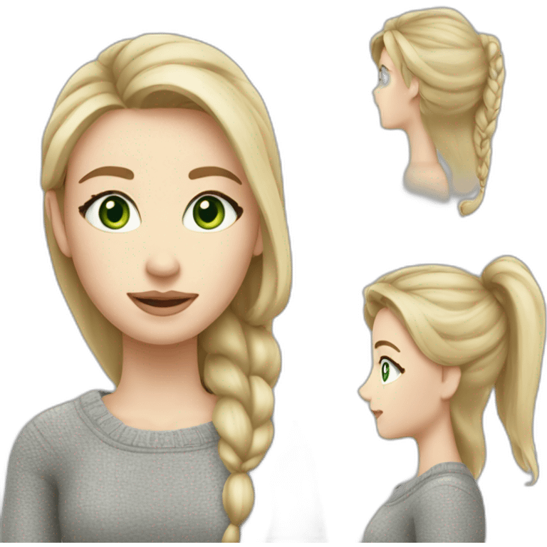 medium blonde girl with page cut, green eyes, long face, pale skin, silver earrings, and a grey sweater emoji