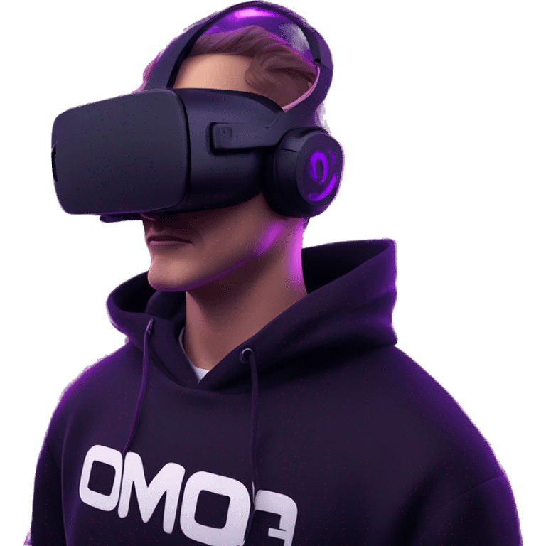 Russian man wearing a black hoodie with "OMG" letters on it and VR headset in a cyberpunk VR environment with violet neon lighting. emoji