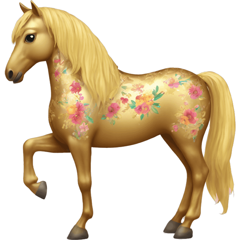 Golden horse with floral pattern on its body  emoji