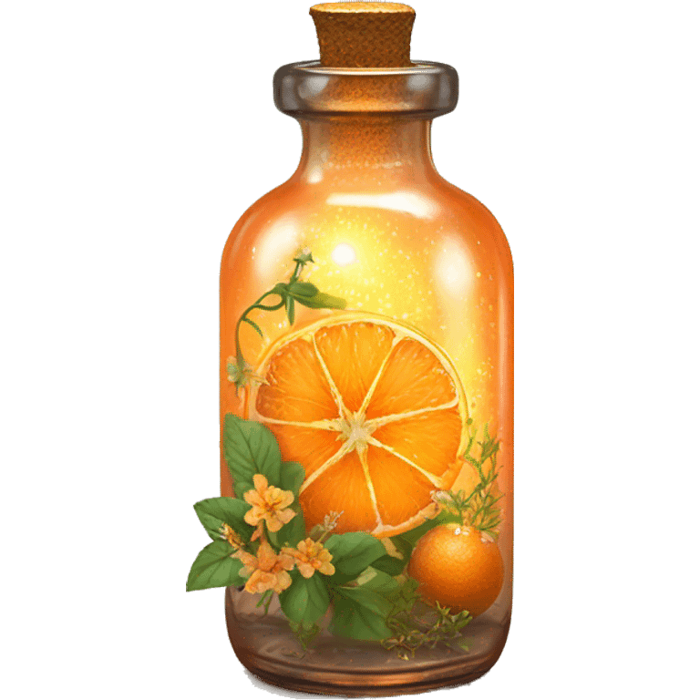 Orange magic fairy light sparkling old Antique bottle with poison and with herbal and flowers emoji