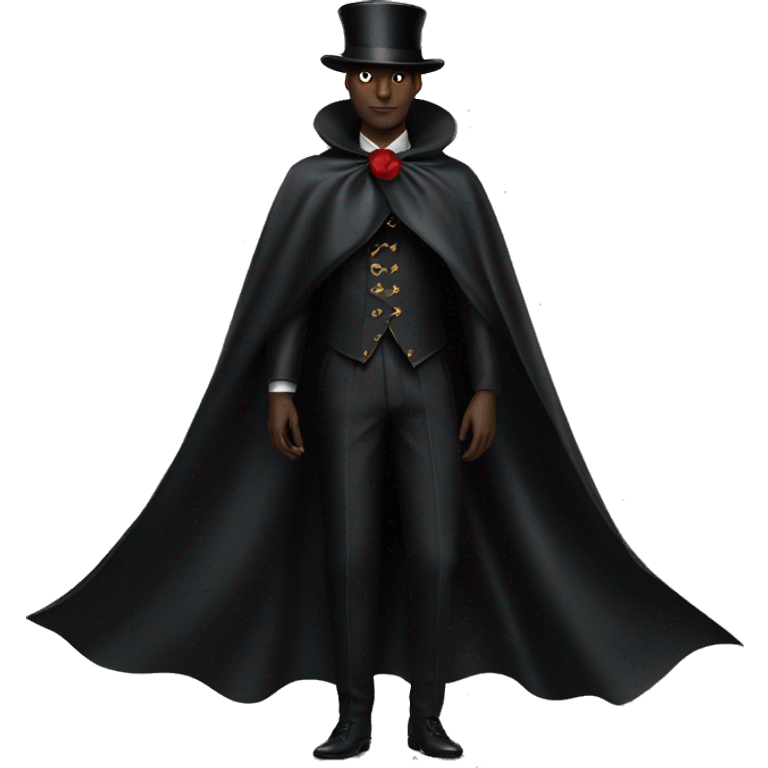 a back photo of black full body magician that has a cape that says ''Dior'', cape, text Dior emoji