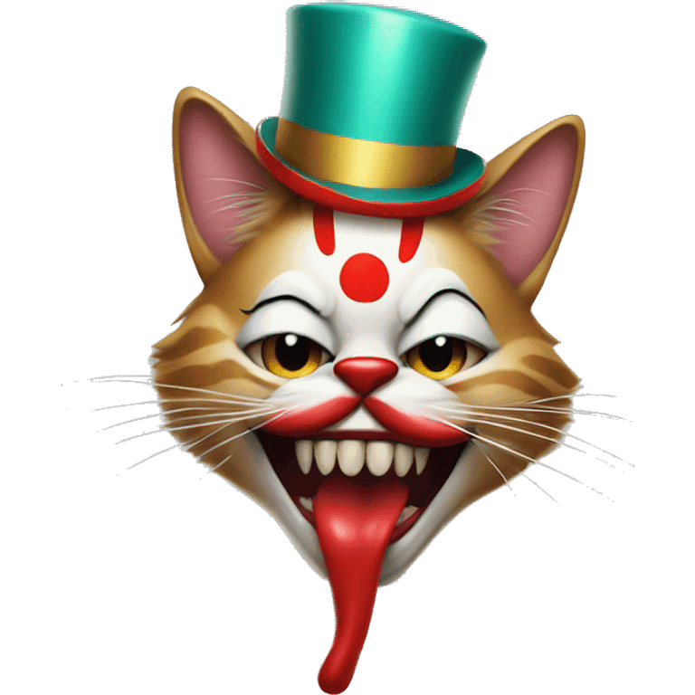 Freaky cat with tongue out wearing a clown hat and red lipstick emoji