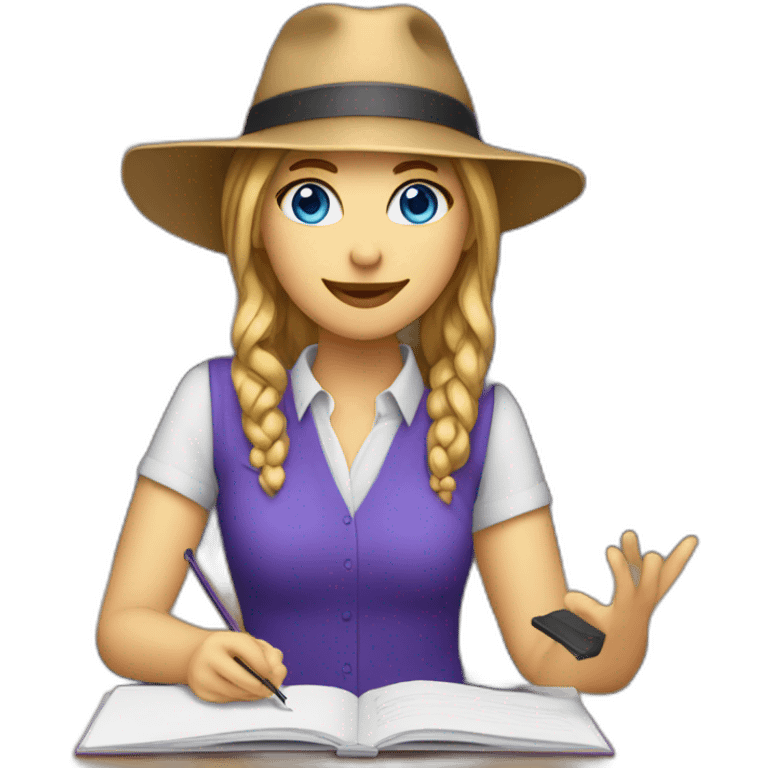 White female long har vivid blue eyes purple shirt violinist with laptop and teacher hat emoji