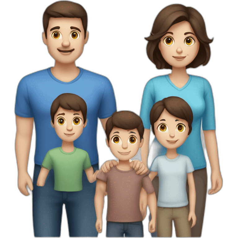 A family with mother with brown hair and blue eyes- a father with dark brown hair and brown eyes- two boy with dark brown hairs and a old sister with dark brown hair and blue eyes emoji