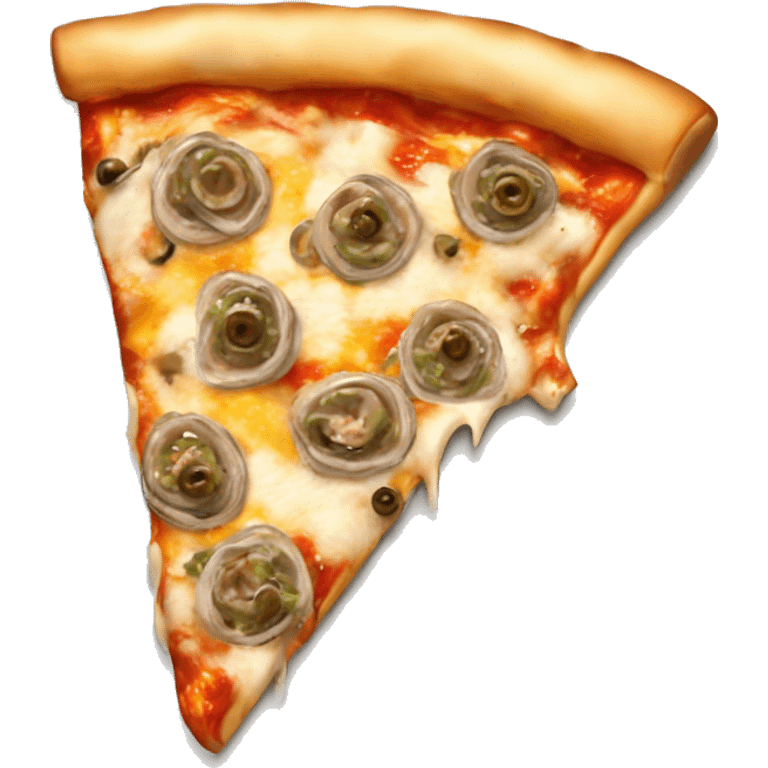 A pizza slice topped with anchovies, capers, and a drizzle of olive oil. emoji