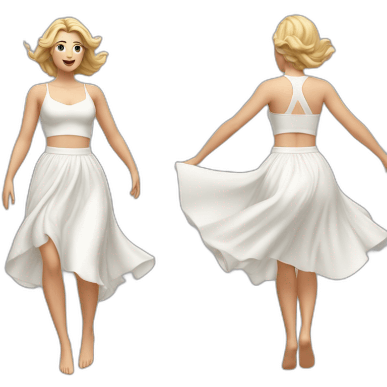 Hyperrealistic Full body Caucasian curvy beauty jumping white skirt back and front views strong wind emoji