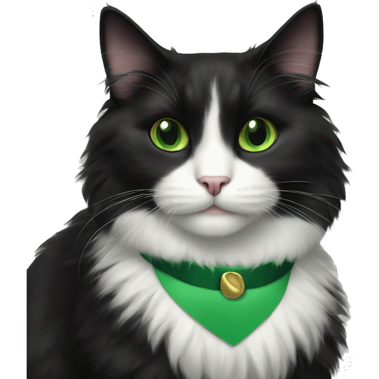 fluffy tuxedo cat with green eyes and green collar emoji