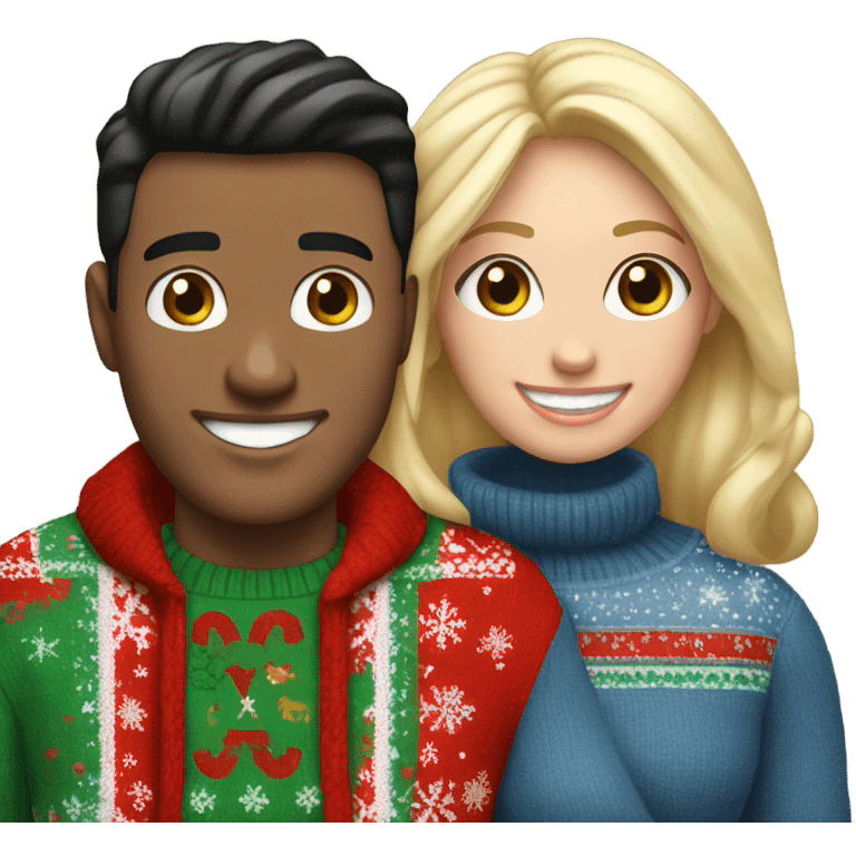 Happy white couple wearing Christmas jumper and blue jeans, man black hair woman blonde long emoji