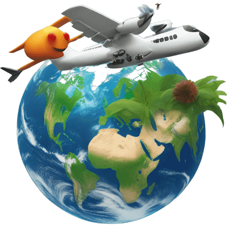 ecoturism represented with a plane flying in a thriving planet earth emoji