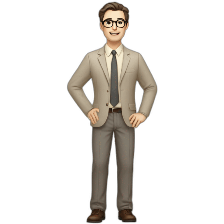 Full height Gesticulating Pale skinned fit man with dark brown hair in gray jacket, beige office shirt, brown tie, brown pants and vintage glasses. emoji