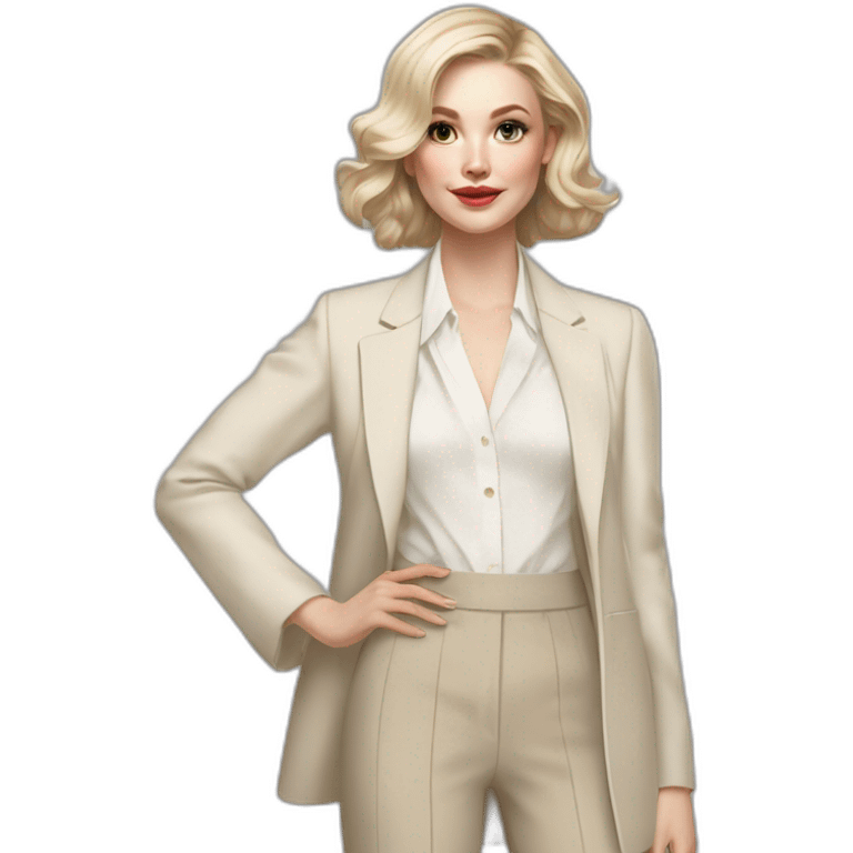 pale skin woman with ash blonde Straightened bob Hair, White Spacious classical jacket, beige palazzo Arrow pants and gray blouse holding a color palettes in the hands emoji