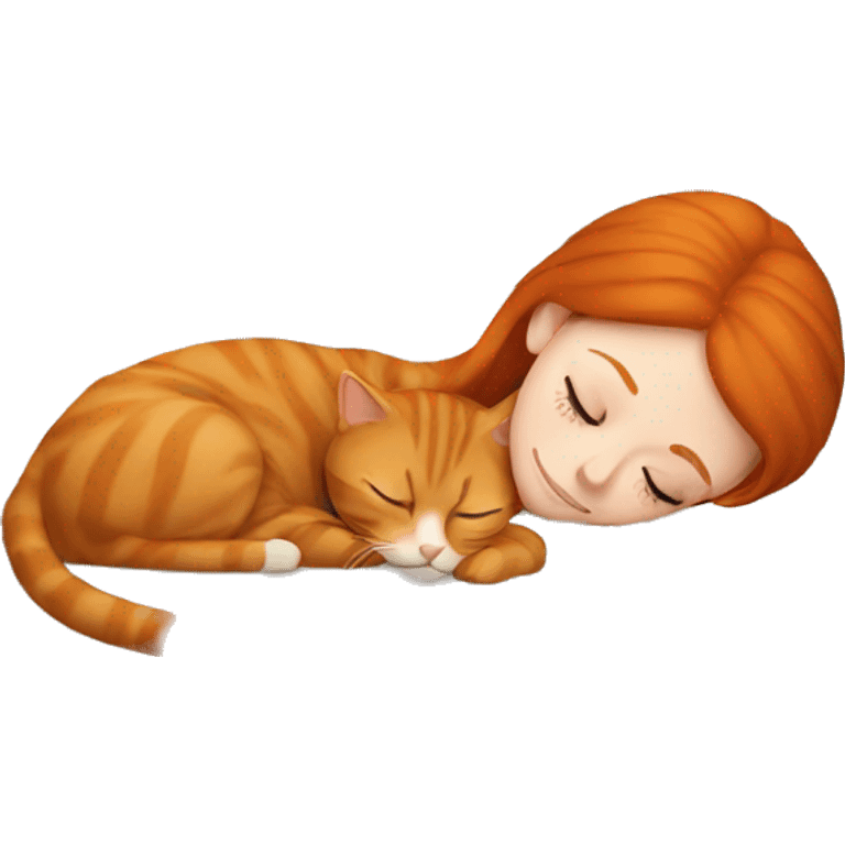 Redhead girl sleeping with a beige cat  emoji