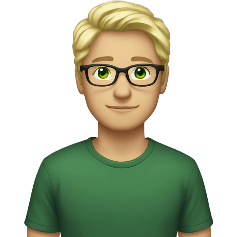 male, nose-piercing, cold blond hair, glasses, green eyes, black t-shirt emoji