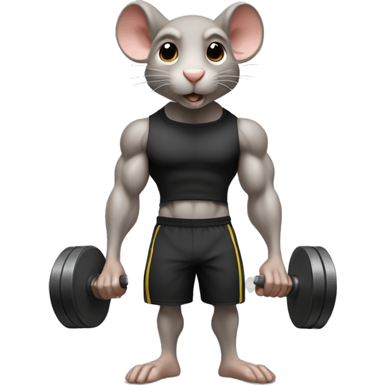 Create an emoji of a rat lifting weights with a determined expression. Make it look like a true gym enthusiast.Using a uniform with the text "Alter" in the tshirt emoji