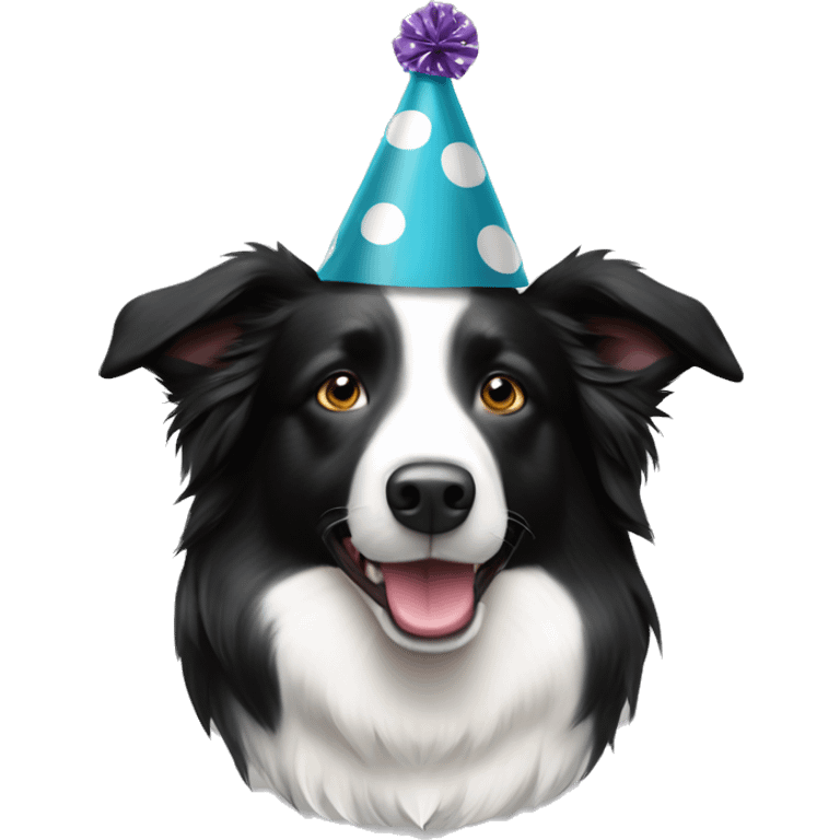 A black and white polka-dotted Border Collie wearing a party hat.   emoji