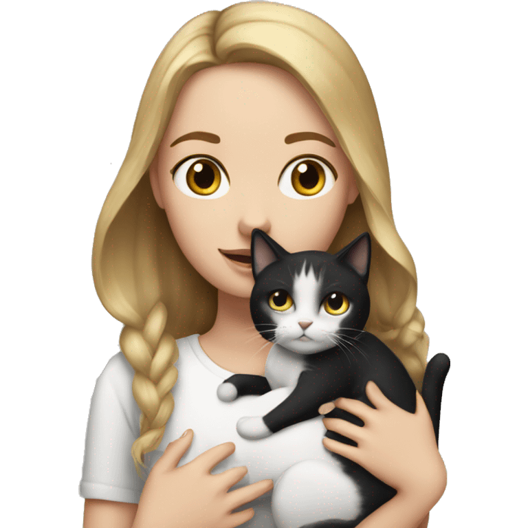 A white girl with a black and white cat in her arms emoji