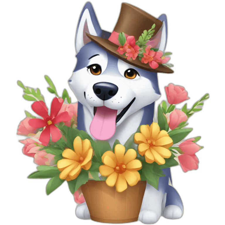 husky dog with a bouquet of flowers in a festive hat and congratulation word emoji