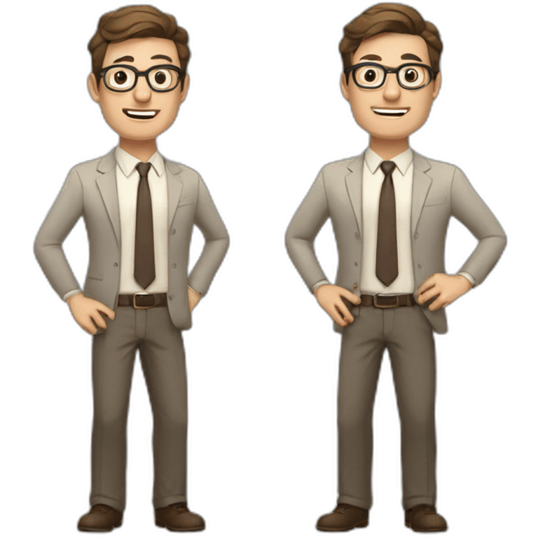 To belt Actively gesturing with hands Pale skinned fit man with dark brown hair in gray jacket, beige office shirt, brown tie, brown pants and vintage glasses. emoji