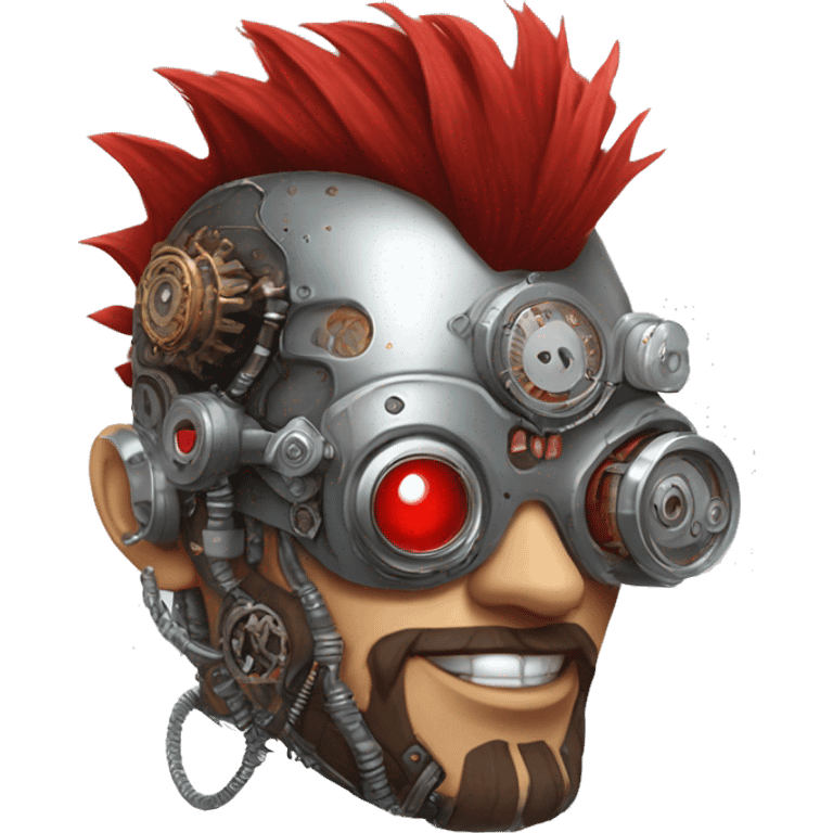 cyborg head with red Mohawk, red beard. silver steampunk monocle goggles a smile and circuits emoji