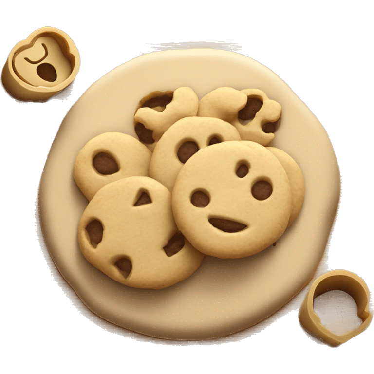 Flat Realistic raw cookie dough rolled on wooden cutting board with cookie cutters sitting in the dough. emoji