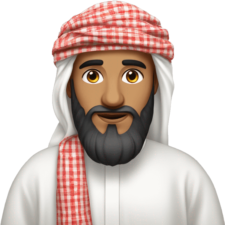 Saudi man with a beard wearing a white thobe, traditional red check patterned shmagh headscarf, and black agal emoji