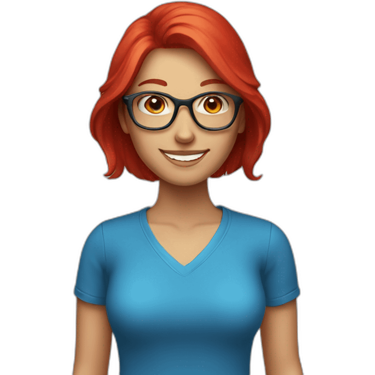 female with long bright red hair and glasses smiling with blue eyes and red shirt emoji