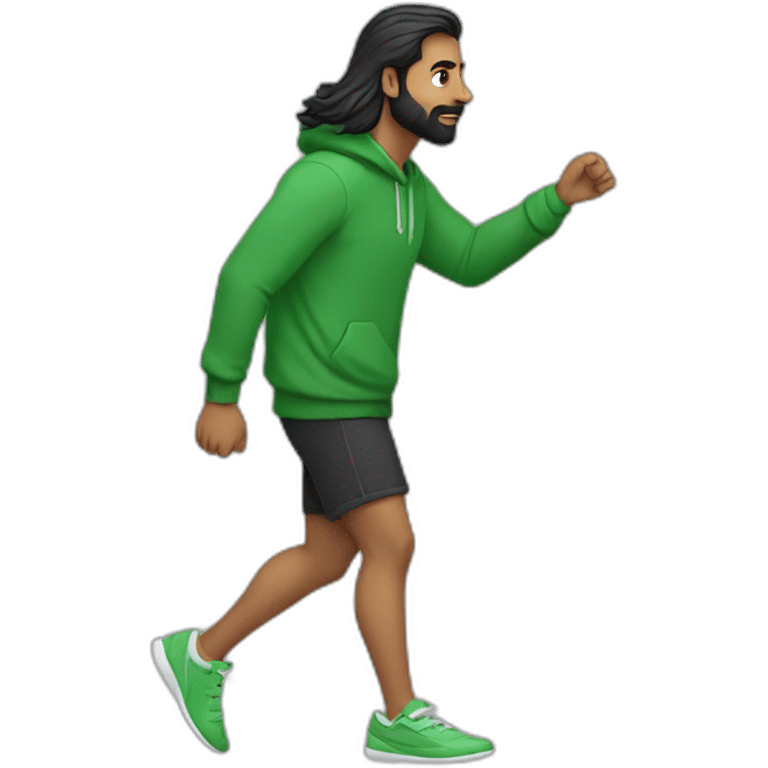 an indian man wearing a green sweatshirt, long hair, buzzed beard, black shorts, walking, side profile, one hand raised slightly up to waist level emoji