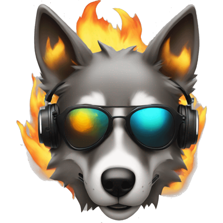 A beautiful cyberpunk Wolf on fire around wearing sunglass and headphones emoji