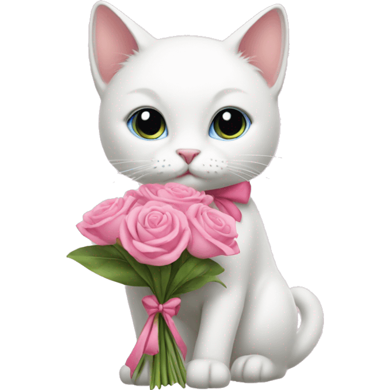 White cat with pink bow on ear and a pink dress holding flowers emoji