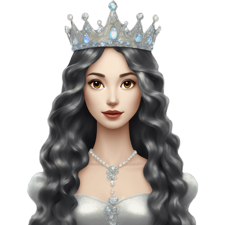 Regal pretty slender woman photograph defined cheekbones high cheekbones crown vintage with very long iridescent black and silver hair wavy long hair pearl crown iridescent emoji