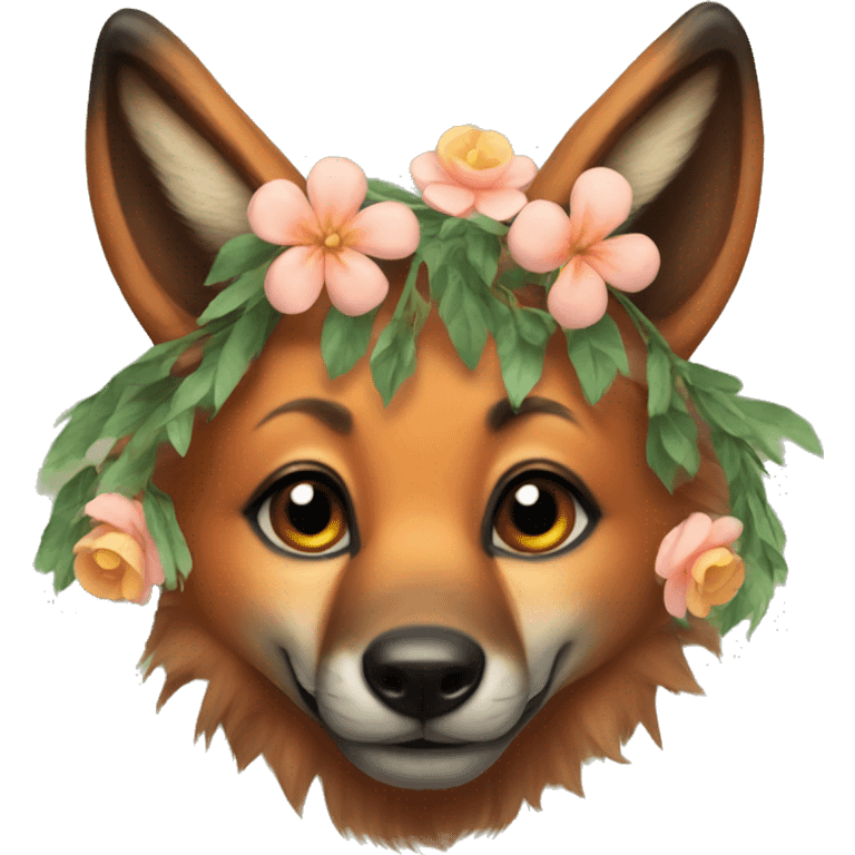 A maned wolf with a flower garland on its head emoji