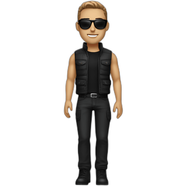 Man a 27 years , white skin , with black  sunglasses , black high neck , brawn vest , black pantaloon, brawn shoes with black watch  emoji