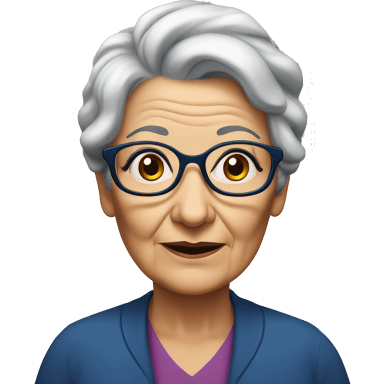 Older woman with wrinkles on the face, dark blue rectangular spectacles an darker eyebrows emoji